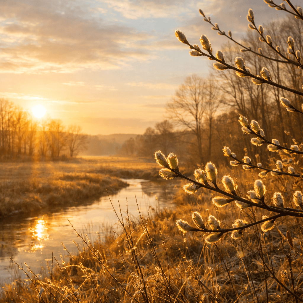 Frost-covered blossoming branches near a reflective creek at sunrise