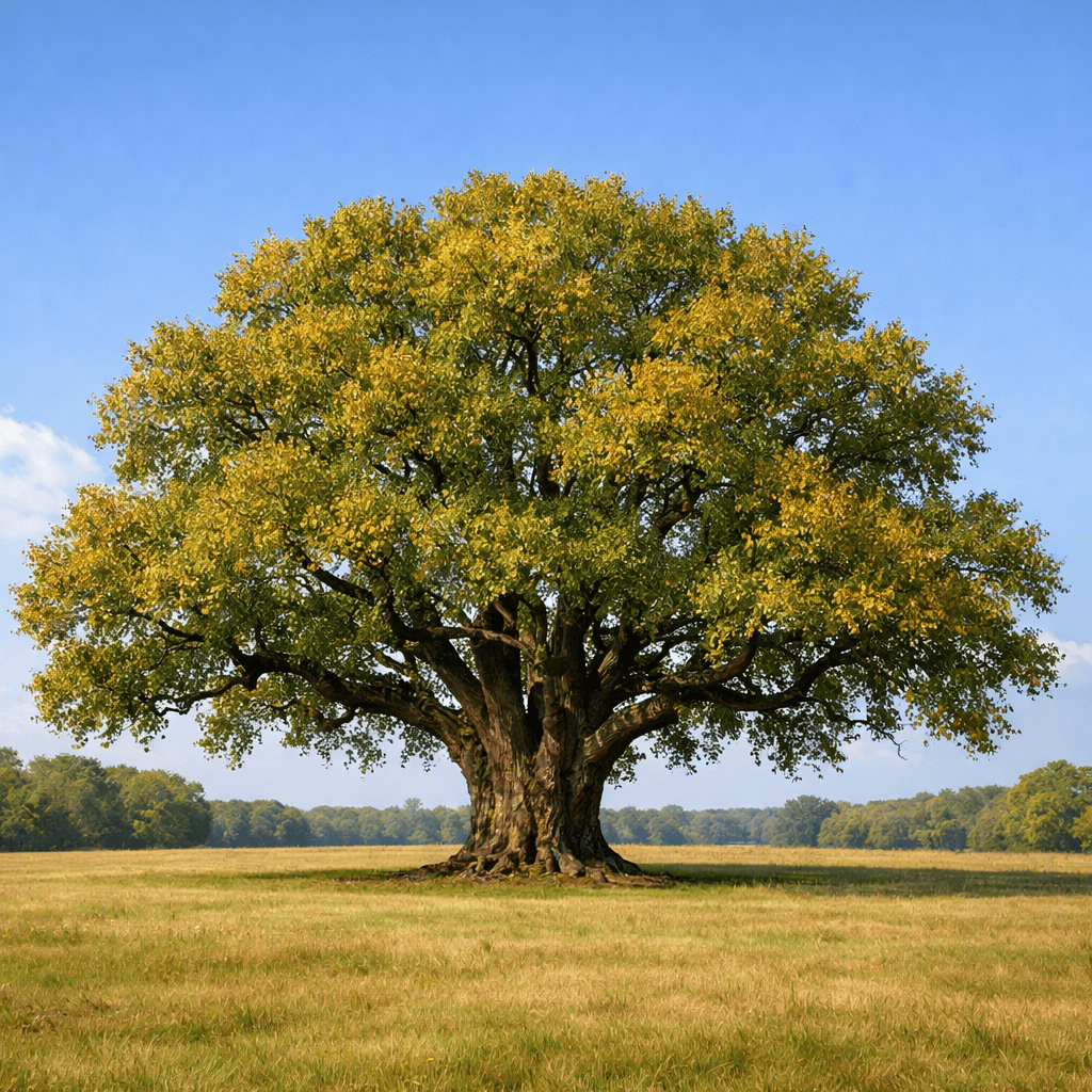 Large oak tree with green and yellow leaves in open grassy field under blue sky