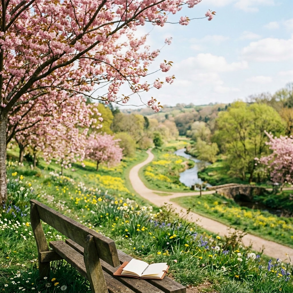 Couple sitting on wooden bench by cherry blossom trees overlooking a winding river and green park
