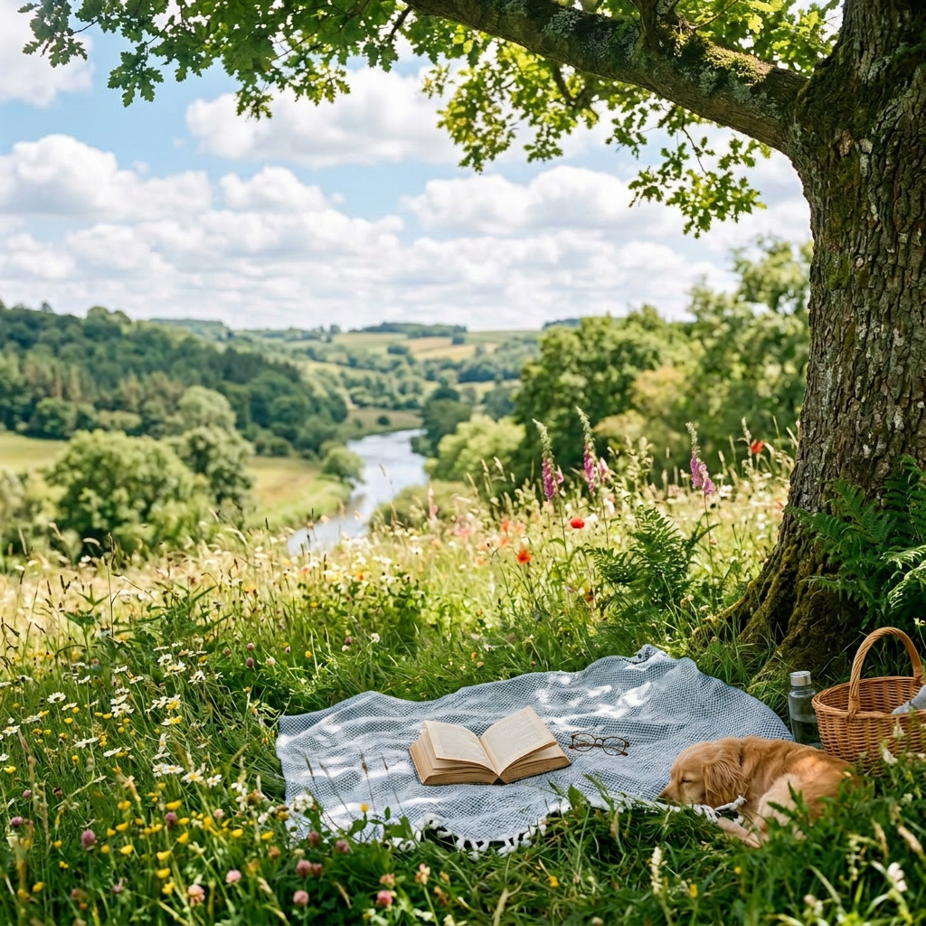 Woman in white dress sitting on blanket under tree reading a book by a river