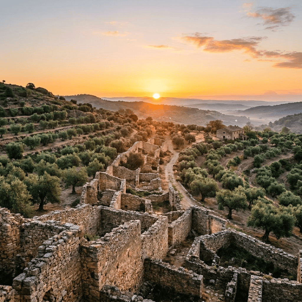 Stone ruins of old buildings surrounded by olive trees at sunset