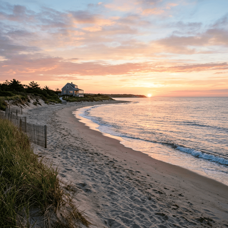 Beach house near shore at sunset with calm waves and cloudy sky