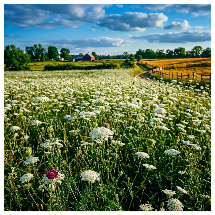Field of white wildflowers with a dirt road, wooden fence, and red barn in the distance
