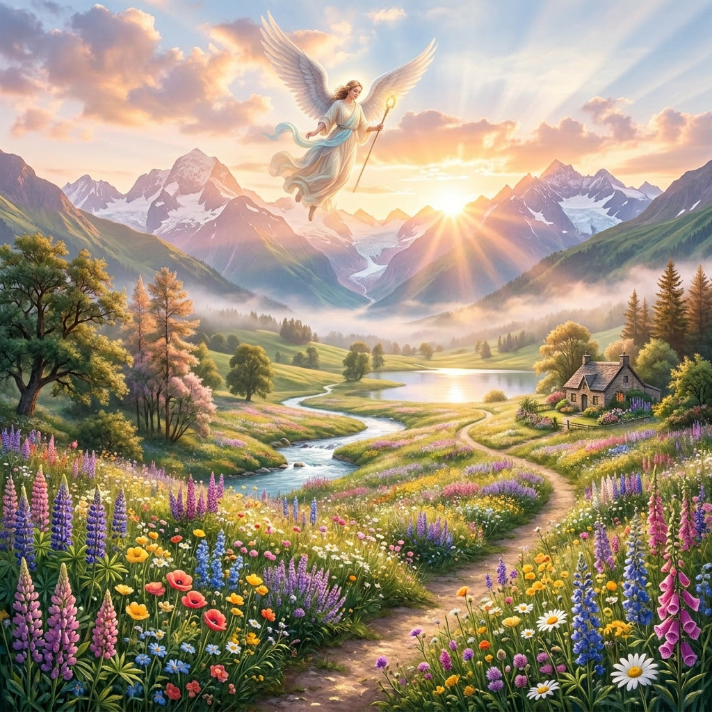 Mountain valley at sunrise with wildflowers, a stream, and a cottage