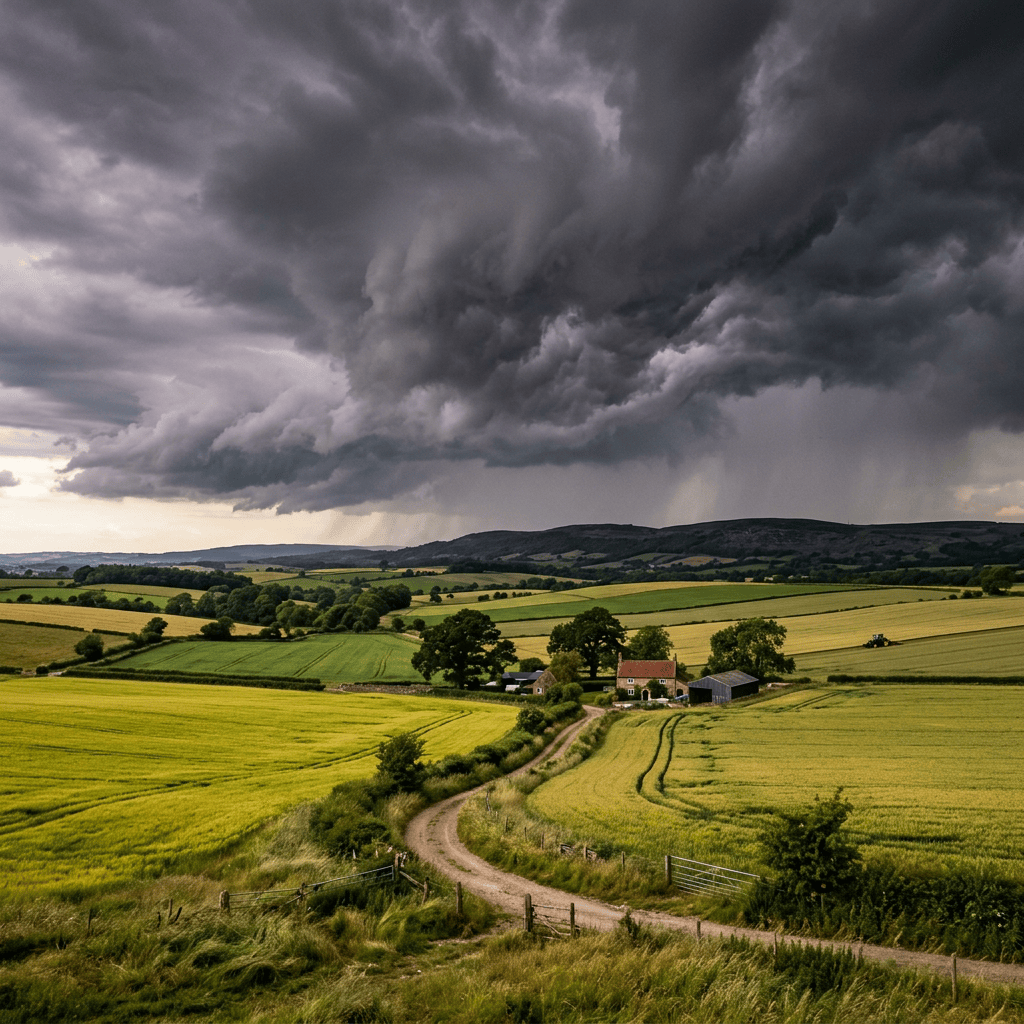 Storm clouds approaching over a countryside farm with fields and a dirt road