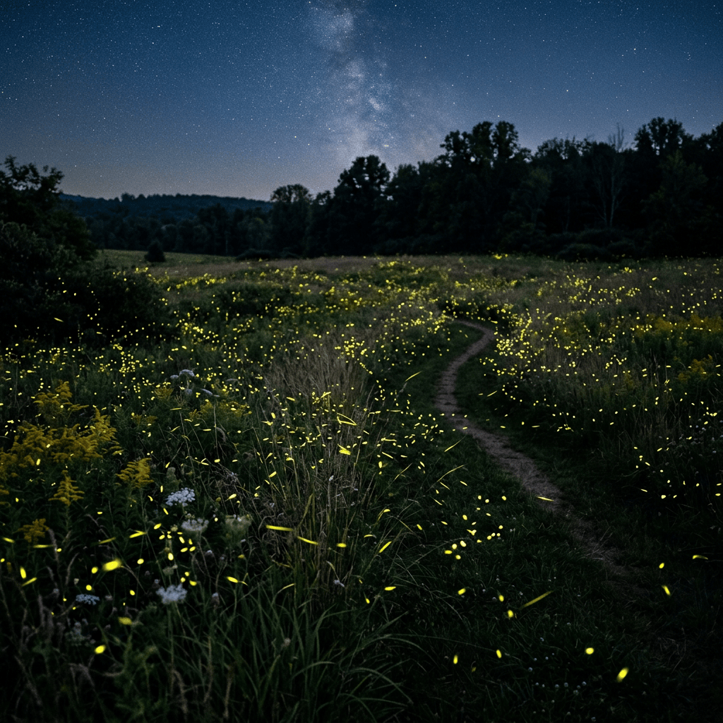 Meadow at night with fireflies glowing along a narrow dirt path and starry sky above