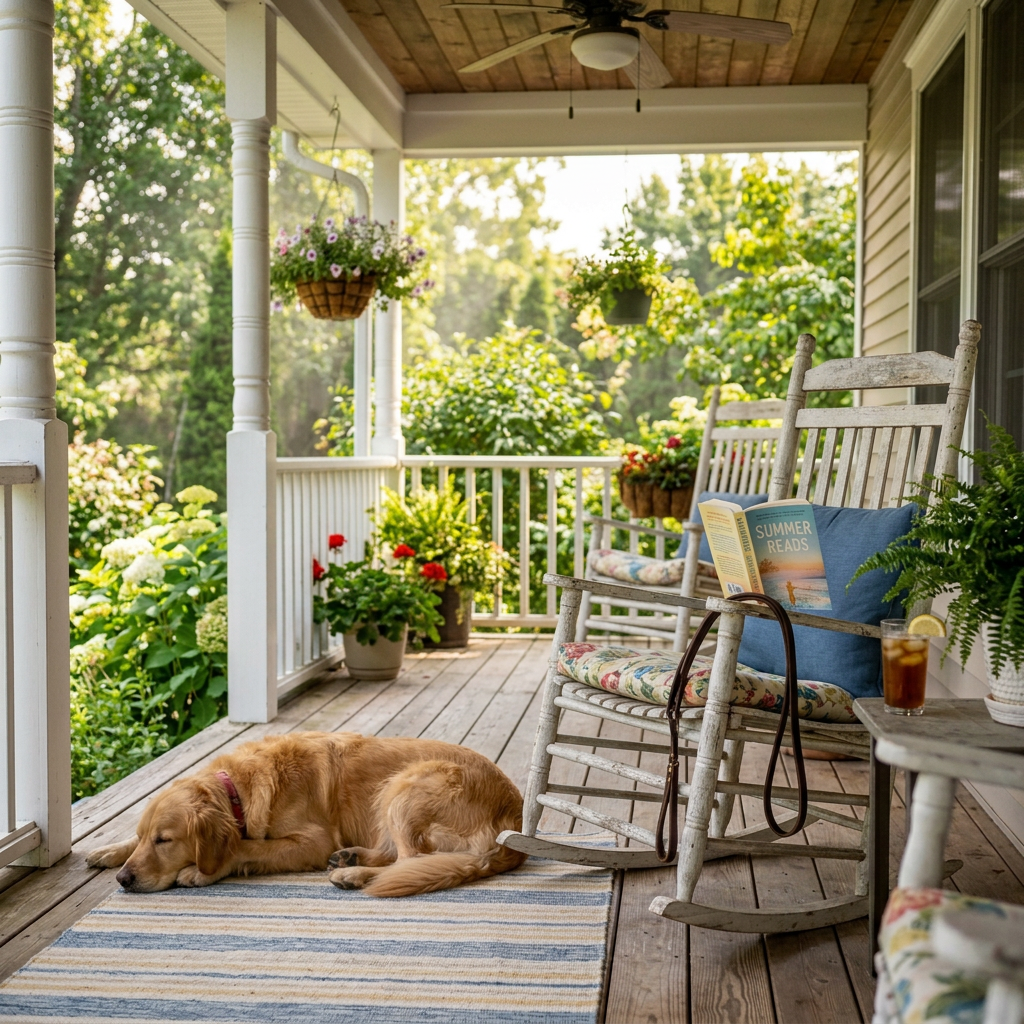Golden retriever sleeping on porch rug next to rocking chair with book and iced tea