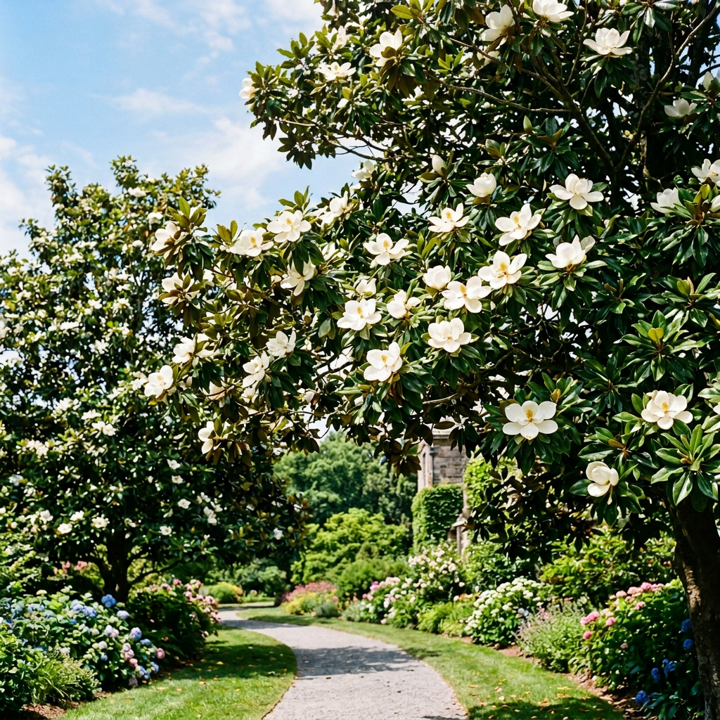 A couple walking down a garden path lined with blooming magnolia trees