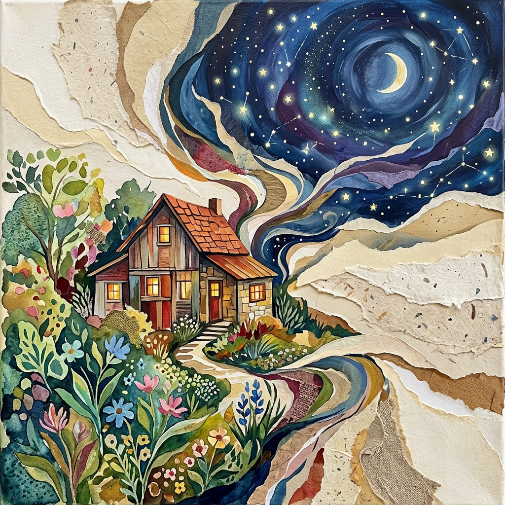A charming cottage with lit windows surrounded by lush colorful flowers and plants beneath a swirling star-filled night sky with a crescent moon