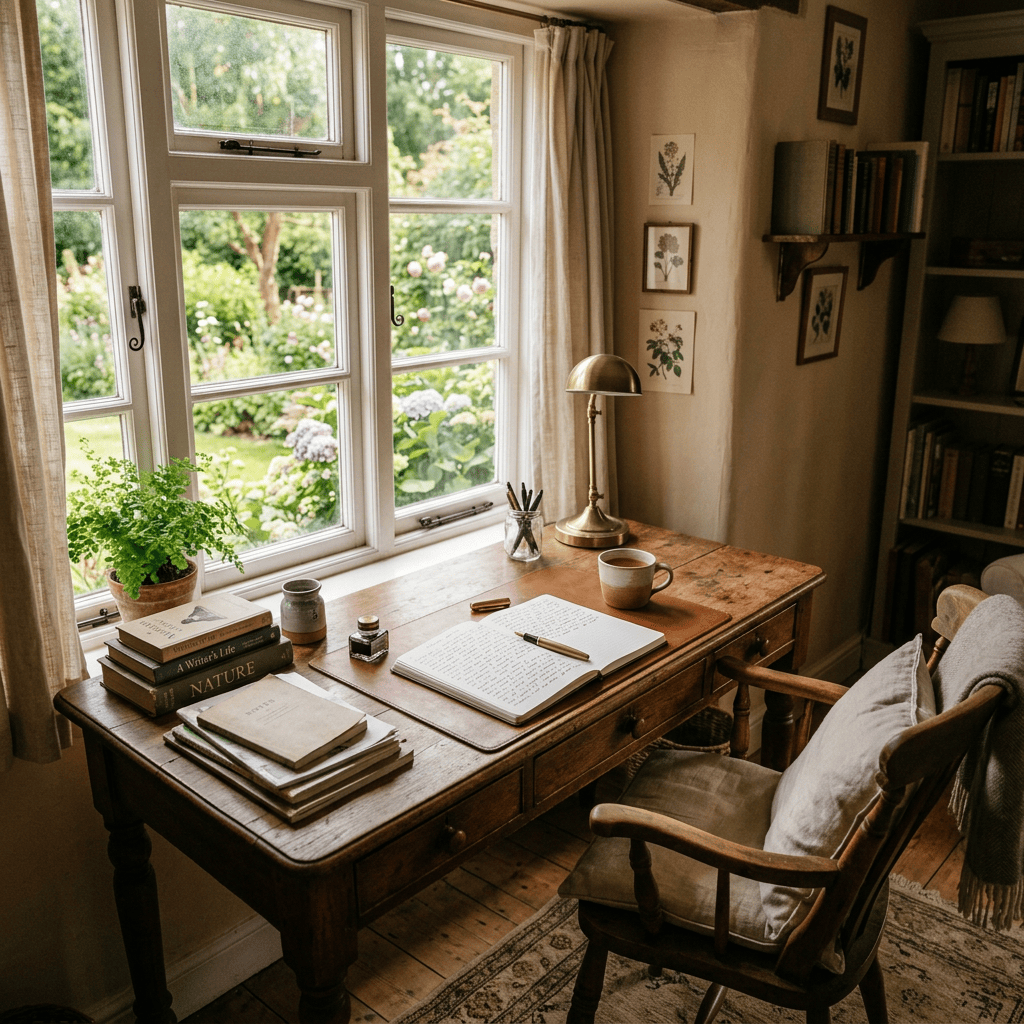 Wooden desk with open notebook, pen, books, cup of coffee, and a brass lamp by a window with garden view