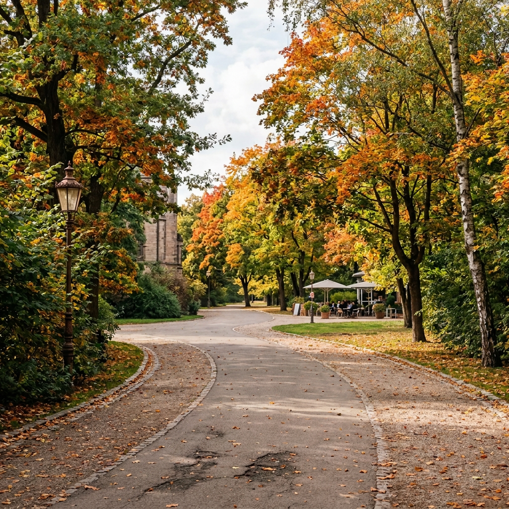 People walking dogs and gathering on a tree-lined autumn park path