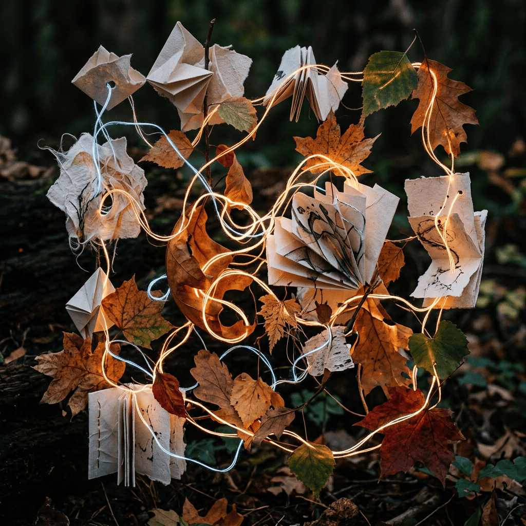 Folded paper sculptures and autumn leaves wrapped in glowing light strands