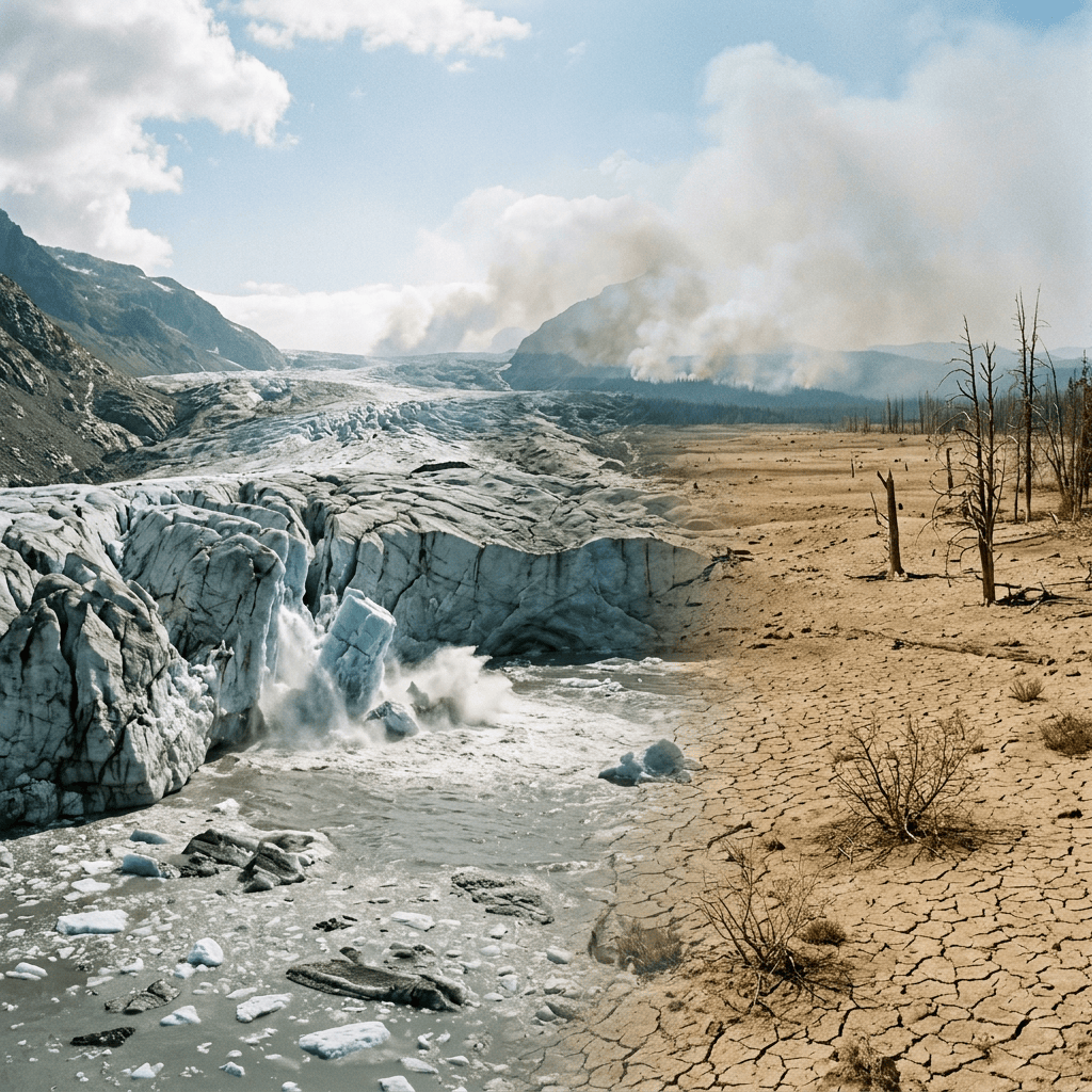 Melting glacier beside drought-cracked land and wildfire smoke